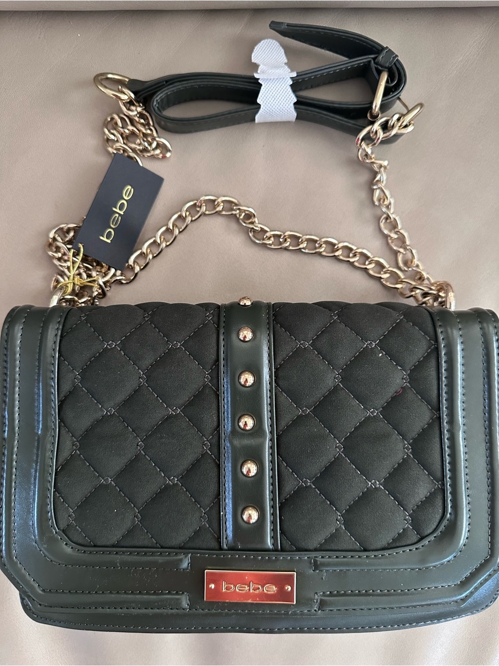 NWT BEBE Y2K Stephanie Faux Suede Medium Crossbody Shoulder Bag Dusty Olive
